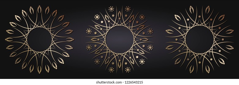 Set of decorative round frames for design with floral ornaments. Circle frame. Templates for printing postcards, invitations, books, for textiles, engraving, wooden furniture, forging. Vector
