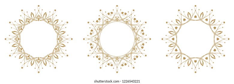 Set of decorative round frames for design with floral ornaments. Circle frame. Templates for printing postcards, invitations, books, for textiles, engraving, wooden furniture, forging. Vector
