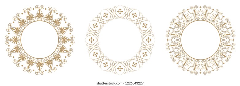 Set of decorative round frames for design with floral ornaments. Circle frame. Templates for printing postcards, invitations, books, for textiles, engraving, wooden furniture, forging. Vector
