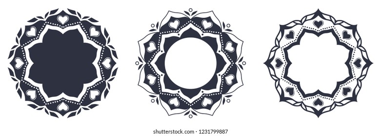 Set of decorative round frames for design with floral ornaments. Circle frame. Templates for printing postcards, invitations, books, for textiles, engraving, wooden furniture, forging. Vector
