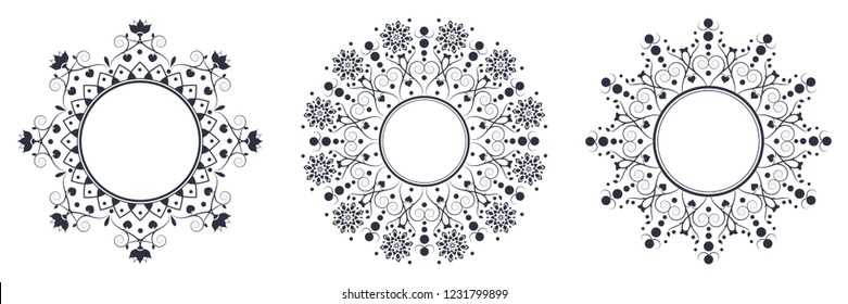 Set of decorative round frames for design with floral ornaments. Circle frame. Templates for printing postcards, invitations, books, for textiles, engraving, wooden furniture, forging. Vector
