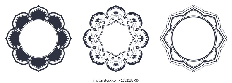 Set of decorative round frames for design with floral ornaments. Circle frame. Templates for printing postcards, invitations, books, for textiles, engraving, wooden furniture, forging. Vector