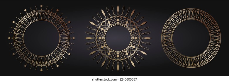 Set of decorative round frames for design with floral ornaments. Circle frame. Templates for printing postcards, invitations, books, for textiles, engraving, wooden furniture, forging. Vector