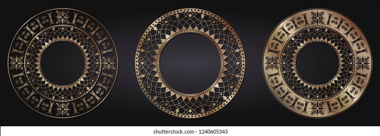 Set of decorative round frames for design with floral ornaments. Circle frame. Templates for printing postcards, invitations, books, for textiles, engraving, wooden furniture, forging. Vector