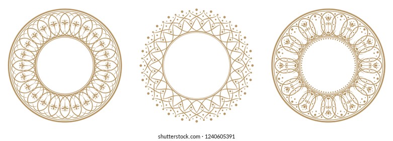 Set of decorative round frames for design with floral ornaments. Circle frame. Templates for printing postcards, invitations, books, for textiles, engraving, wooden furniture, forging. Vector