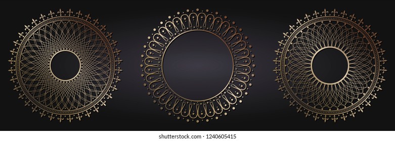 Set of decorative round frames for design with floral ornaments. Circle frame. Templates for printing postcards, invitations, books, for textiles, engraving, wooden furniture, forging. Vector