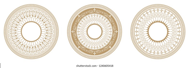 Set of decorative round frames for design with floral ornaments. Circle frame. Templates for printing postcards, invitations, books, for textiles, engraving, wooden furniture, forging. Vector
