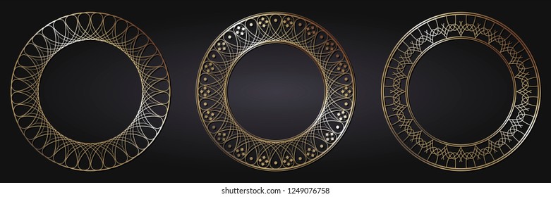 Set of decorative round frames for design with abstract pattern. Circle frame. Templates for printing postcards, invitations, books, for textiles, engraving, wooden furniture, forging. Vector