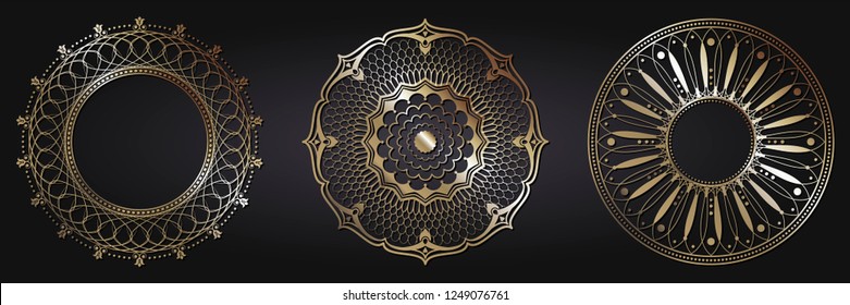 Set of decorative round frames for design with abstract pattern. Circle frame. Templates for printing postcards, invitations, books, for textiles, engraving, wooden furniture, forging. Vector