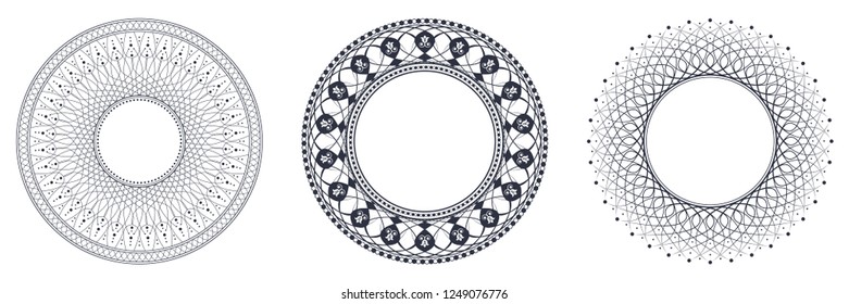 Set of decorative round frames for design with abstract pattern. Circle frame. Templates for printing postcards, invitations, books, for textiles, engraving, wooden furniture, forging. Vector