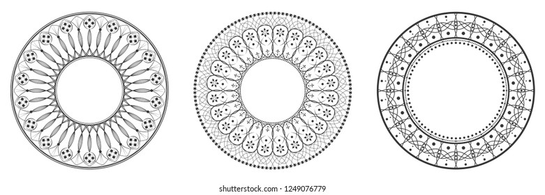 Set of decorative round frames for design with abstract pattern. Circle frame. Templates for printing postcards, invitations, books, for textiles, engraving, wooden furniture, forging. Vector