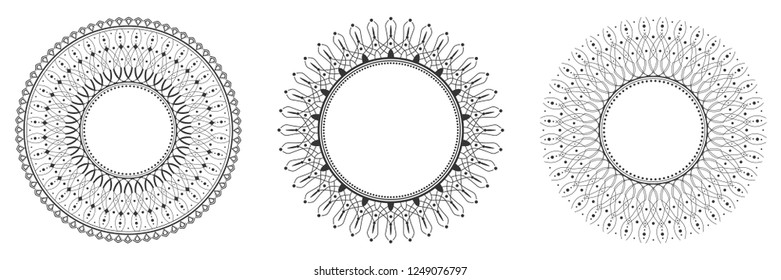 Set of decorative round frames for design with abstract pattern. Circle frame. Templates for printing postcards, invitations, books, for textiles, engraving, wooden furniture, forging. Vector