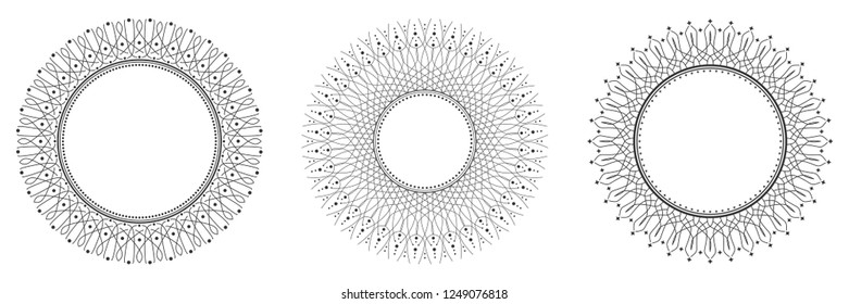 Set of decorative round frames for design with abstract pattern. Circle frame. Templates for printing postcards, invitations, books, for textiles, engraving, wooden furniture, forging. Vector