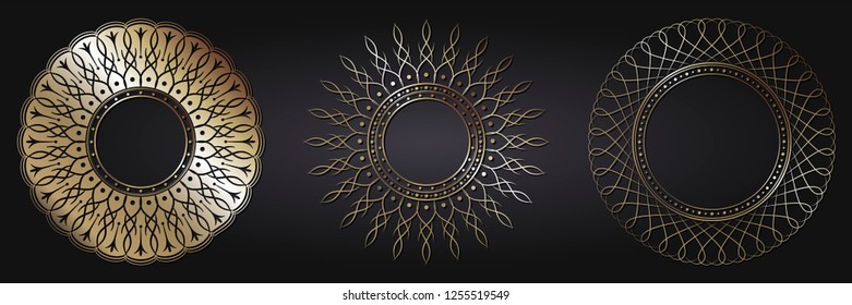 Set of decorative round frames for design with abstract floral pattern. Circle frame. Templates for printing postcards, invitations, books, for textiles, engraving, wooden furniture, forging. Vector