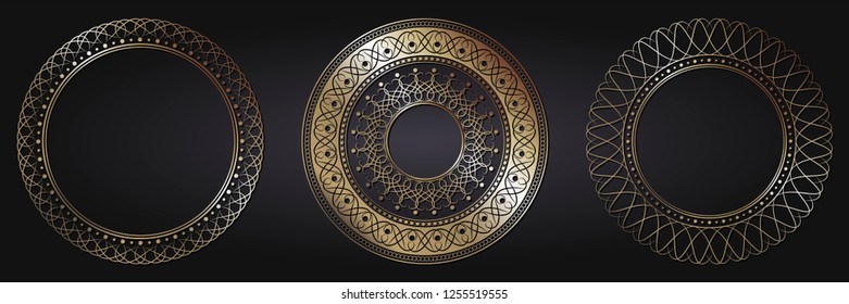 Set of decorative round frames for design with abstract floral pattern. Circle frame. Templates for printing postcards, invitations, books, for textiles, engraving, wooden furniture, forging. Vector