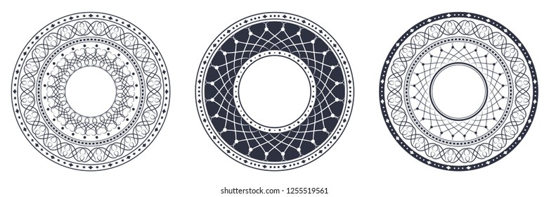 Set of decorative round frames for design with abstract floral pattern. Circle frame. Templates for printing postcards, invitations, books, for textiles, engraving, wooden furniture, forging. Vector