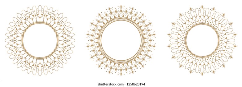 Set of decorative round frames for design with abstract floral pattern. Circle frame. Templates for printing postcards, invitations, books, for textiles, engraving, wooden furniture, forging. Vector