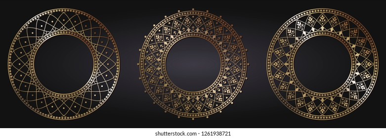 
Set of decorative round frames for design with abstract floral pattern. Circle frame. Templates for printing postcards, invitations, books, for textiles, engraving, wooden furniture, forging. Vector
