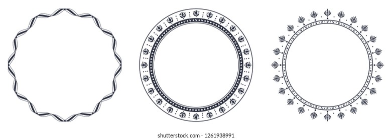 
Set of decorative round frames for design with abstract floral pattern. Circle frame. Templates for printing postcards, invitations, books, for textiles, engraving, wooden furniture, forging. Vector
