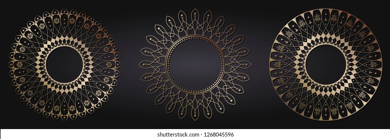 Set of decorative round frames for design with abstract floral pattern. Circle frame. Templates for printing postcards, invitations, books, for textiles, engraving, wooden furniture, forging. Vector