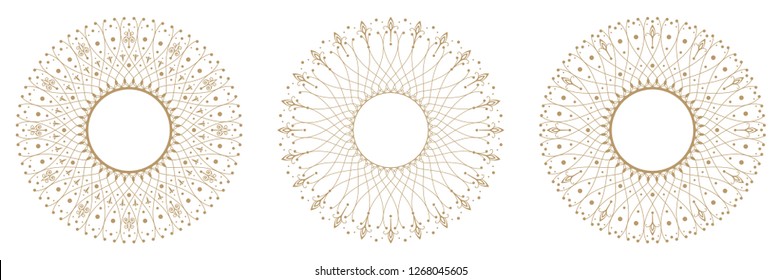 Set of decorative round frames for design with abstract floral pattern. Circle frame. Templates for printing postcards, invitations, books, for textiles, engraving, wooden furniture, forging. Vector
