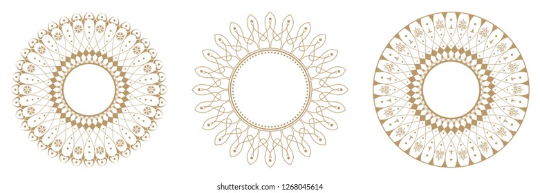Set of decorative round frames for design with abstract floral pattern. Circle frame. Templates for printing postcards, invitations, books, for textiles, engraving, wooden furniture, forging. Vector