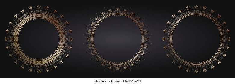 Set of decorative round frames for design with abstract floral pattern. Circle frame. Templates for printing postcards, invitations, books, for textiles, engraving, wooden furniture, forging. Vector