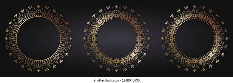 Set of decorative round frames for design with abstract floral pattern. Circle frame. Templates for printing postcards, invitations, books, for textiles, engraving, wooden furniture, forging. Vector