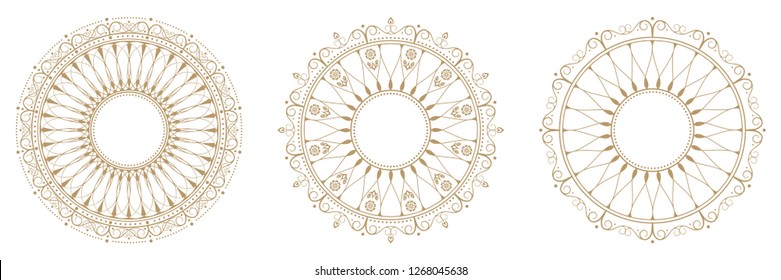 Set of decorative round frames for design with abstract floral pattern. Circle frame. Templates for printing postcards, invitations, books, for textiles, engraving, wooden furniture, forging. Vector