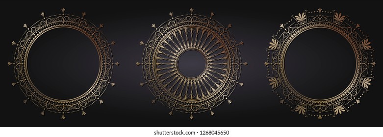 Set of decorative round frames for design with abstract floral pattern. Circle frame. Templates for printing postcards, invitations, books, for textiles, engraving, wooden furniture, forging. Vector
