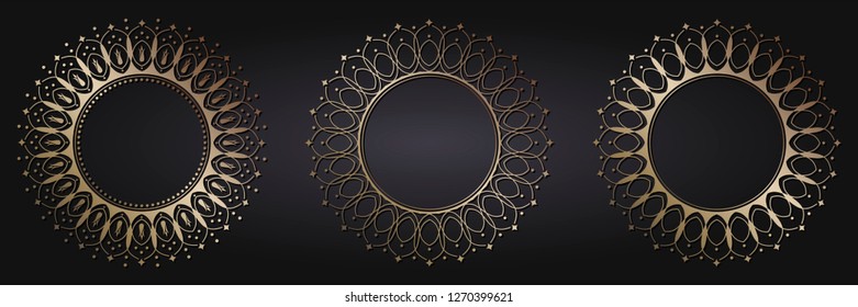 Set of decorative round frames for design with abstract floral pattern. Circle frame. Templates for printing postcards, invitations, books, for textiles, engraving, wooden furniture, forging. Vector