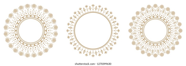Set of decorative round frames for design with abstract floral pattern. Circle frame. Templates for printing postcards, invitations, books, for textiles, engraving, wooden furniture, forging. Vector