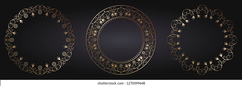 Set of decorative round frames for design with abstract floral pattern. Circle frame. Templates for printing postcards, invitations, books, for textiles, engraving, wooden furniture, forging. Vector