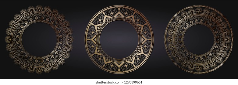 Set of decorative round frames for design with abstract floral pattern. Circle frame. Templates for printing postcards, invitations, books, for textiles, engraving, wooden furniture, forging. Vector