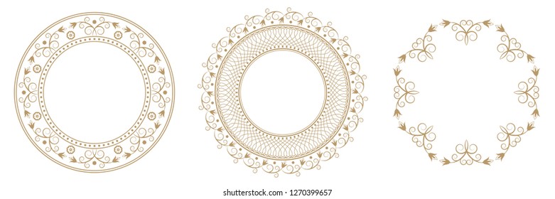 Set of decorative round frames for design with abstract floral pattern. Circle frame. Templates for printing postcards, invitations, books, for textiles, engraving, wooden furniture, forging. Vector