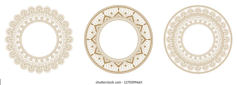 Set of decorative round frames for design with abstract floral pattern. Circle frame. Templates for printing postcards, invitations, books, for textiles, engraving, wooden furniture, forging. Vector