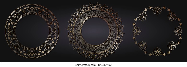 Set of decorative round frames for design with abstract floral pattern. Circle frame. Templates for printing postcards, invitations, books, for textiles, engraving, wooden furniture, forging. Vector
