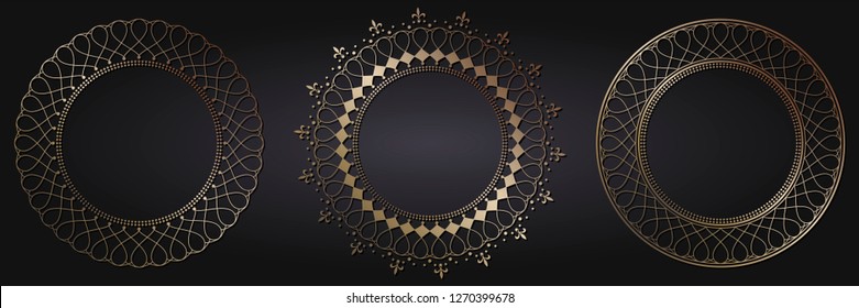 Set of decorative round frames for design with abstract floral pattern. Circle frame. Templates for printing postcards, invitations, books, for textiles, engraving, wooden furniture, forging. Vector