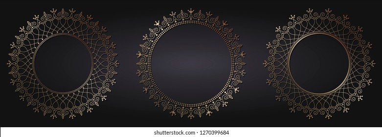 Set of decorative round frames for design with abstract floral pattern. Circle frame. Templates for printing postcards, invitations, books, for textiles, engraving, wooden furniture, forging. Vector