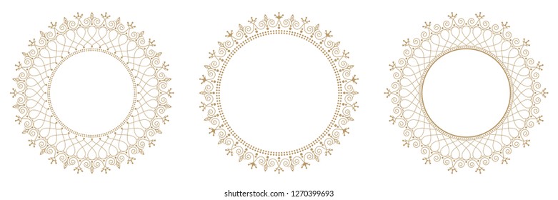 Set of decorative round frames for design with abstract floral pattern. Circle frame. Templates for printing postcards, invitations, books, for textiles, engraving, wooden furniture, forging. Vector