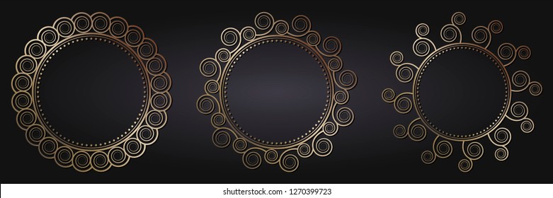 Set of decorative round frames for design with abstract floral pattern. Circle frame. Templates for printing postcards, invitations, books, for textiles, engraving, wooden furniture, forging. Vector