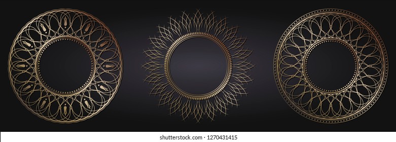 Set of decorative round frames for design with abstract floral pattern. Circle frame. Templates for printing postcards, invitations, books, for textiles, engraving, wooden furniture, forging. Vector