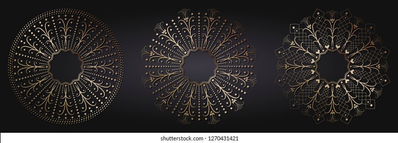 Set of decorative round frames for design with abstract floral pattern. Circle frame. Templates for printing postcards, invitations, books, for textiles, engraving, wooden furniture, forging. Vector