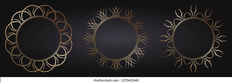 Set of decorative round frames for design with abstract floral pattern. Circle frame. Templates for printing postcards, invitations, books, for textiles, engraving, wooden furniture, forging. Vector