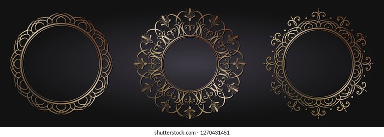 Set of decorative round frames for design with abstract floral pattern. Circle frame. Templates for printing postcards, invitations, books, for textiles, engraving, wooden furniture, forging. Vector