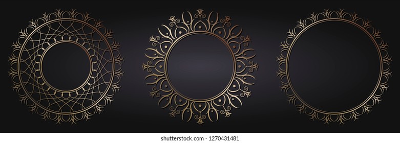 Set of decorative round frames for design with abstract floral pattern. Circle frame. Templates for printing postcards, invitations, books, for textiles, engraving, wooden furniture, forging. Vector