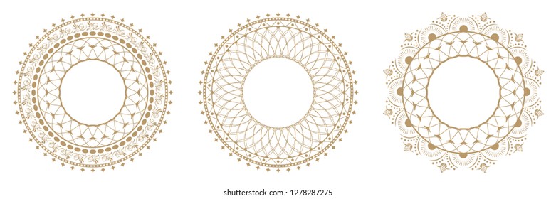 Set of decorative round frames for design with abstract floral pattern. Circle frame. Templates for printing postcards, invitations, books, for textiles, engraving, wooden furniture, forging. Vector