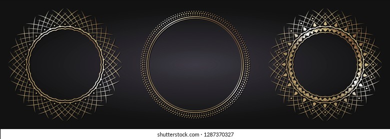 Set of decorative round frames for design with abstract floral pattern. Circle frame. Templates for printing postcards, invitations, books, for textiles, engraving, wooden furniture, forging. Vector