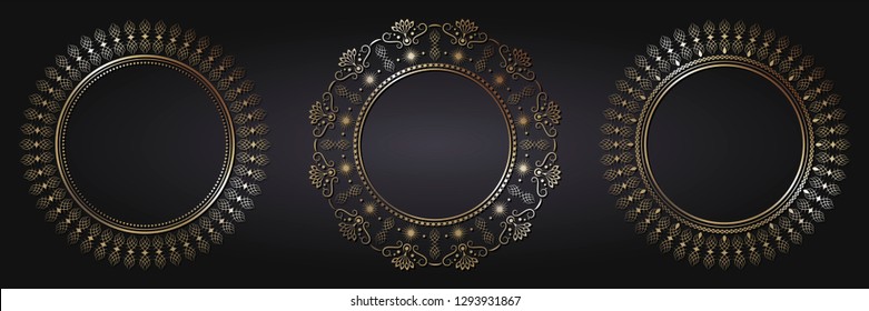 Set of decorative round frames for design with abstract floral pattern. Circle frame. Templates for printing postcards, invitations, books, for textiles, engraving, wooden furniture, forging. Vector