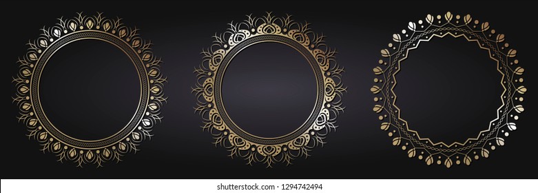 Set of decorative round frames for design with abstract floral pattern. Circle frame. Templates for printing postcards, invitations, books, for textiles, engraving, wooden furniture, forging. Vector